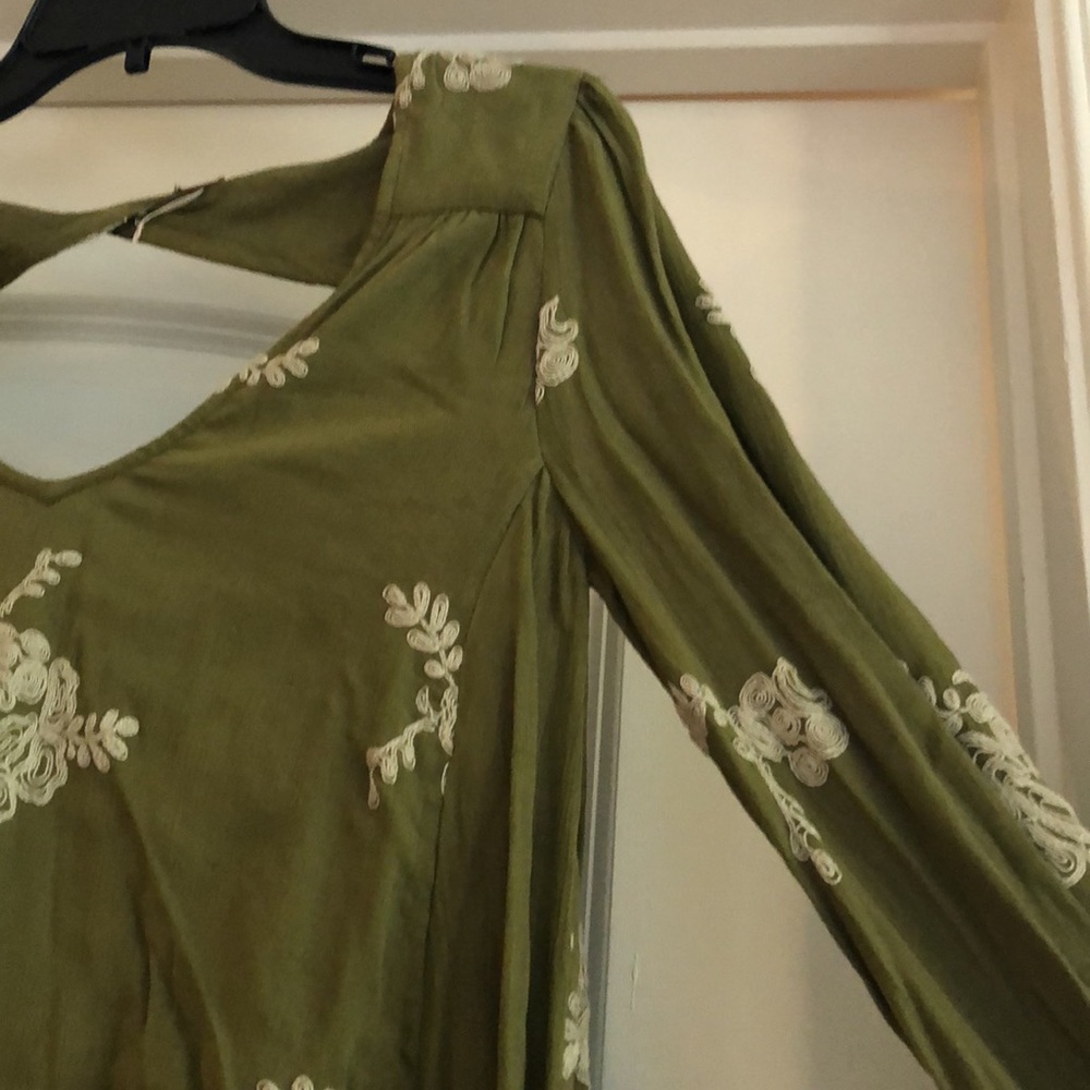 Free People Olive Green Mini Dress with Cream Floral Embroidery - Picture 4 of 8